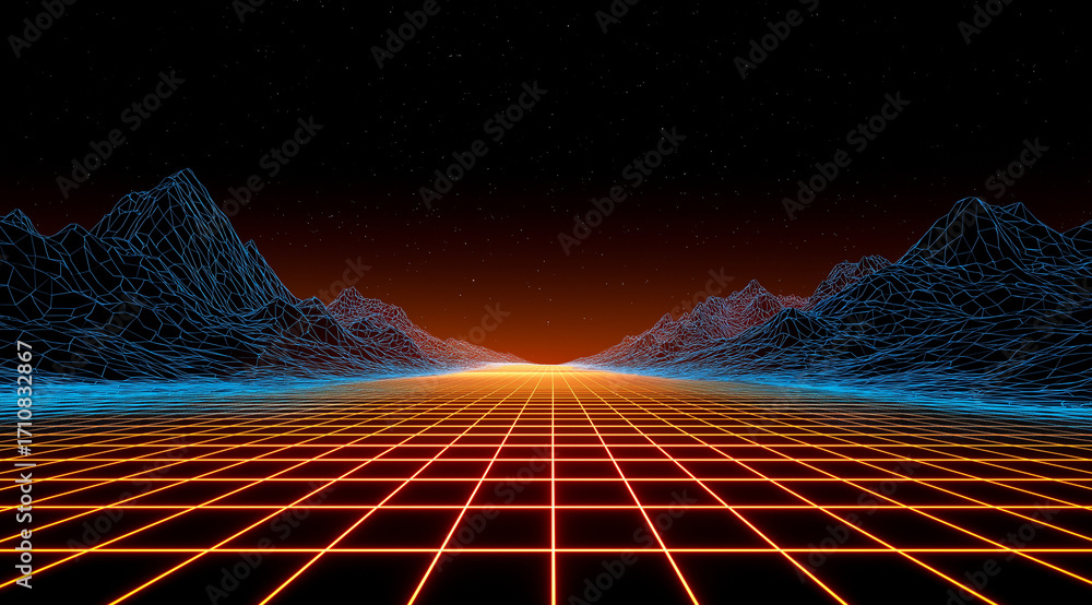 Aufkleber background with mountains at sunset and a neural network. a technological background on the theme of