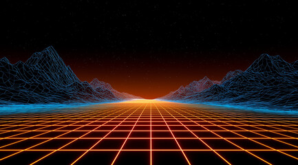 Background with mountains at sunset and a neural network. A technological background on the theme of virtual reality and fully immersive games.