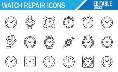 Minimal flat icon set of watch repair, stopwatch, wristwatch, and clock maintenance graphics
