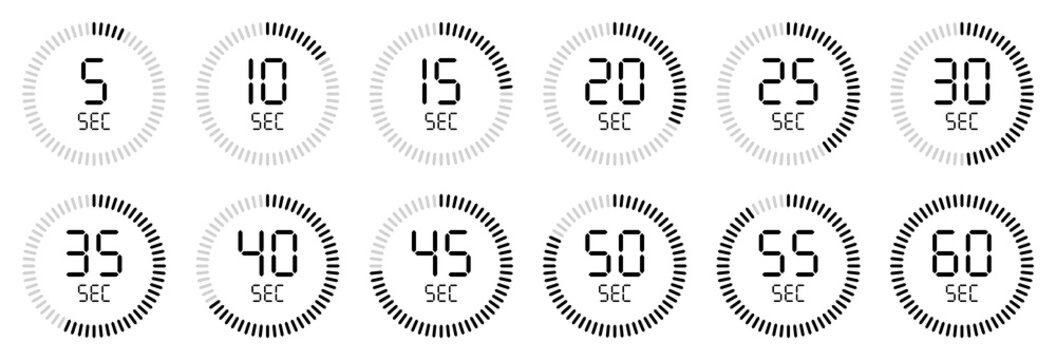 Digital countdown timer icons set, circular second clock progress indicators from 5 to 60 seconds. 5, 10, 15, 25, 30, 40, 45, 50, 60 seconds. Timer, clock, stopwatch isolated vector illustration.
