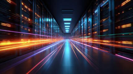 Futuristic data center hallway with streaking lights of digital information flow
