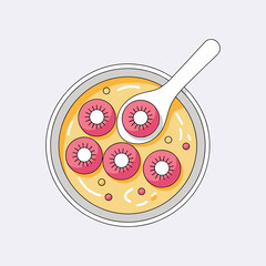 Top View of Kiwi Slices in Yellow Soup with a Spoon Keywords: kiwi, fruit, slices, rings, yellow