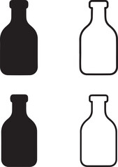 Bottle icons set, four glass plastic drink bottle icons, black silhouette, outline, filled, thin stroke, minimal vector, editable isolated design, beverage and container symbols