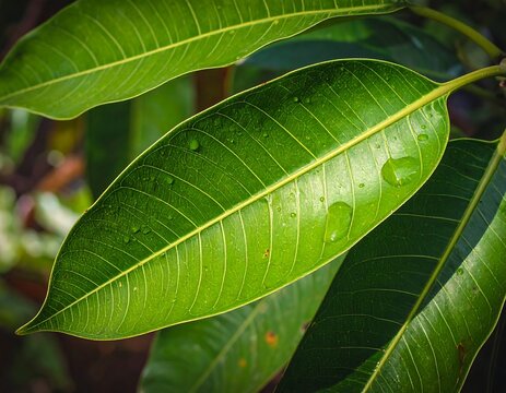 Vibrant Green Leaf Detail with Dew Drops