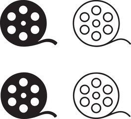 Film reel icons set, four cinema movie reel icons, black silhouette, outline, filled, thin stroke, minimal vector, editable isolated design, video and film production symbols