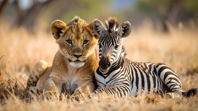 A young lion and a zebra foal rest together in a sunlit African savanna, showcasing an unlikely friendship in the wild