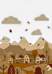 Fototapeta premium Warm-toned autumn vector illustration: cute houses, trees, and clouds on a white background, with falling leaves and a distinctive Scandinavian