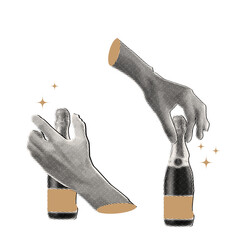 Hands holding champagne bottle in retro halftone style,trendy halftone collage style,cut out from magazine,celebration card