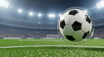 Obraz premium Close-up of a classic black and white soccer ball suspended in a clear bubble on a vibrant green stadium field