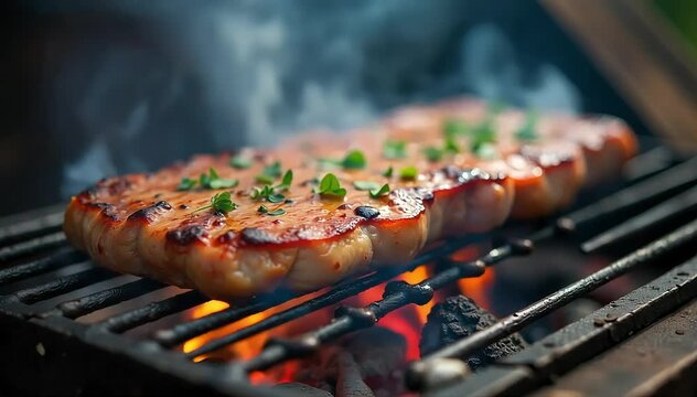 Slow grilled asado meat sizzling with visible smoke and herbs over rustic barbecue pit 