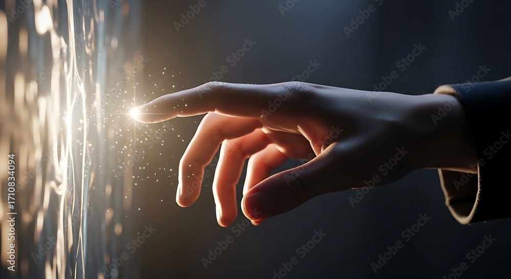 Poster a hand touching a bright glowing surface with light particles in a dark and mysterious setting
