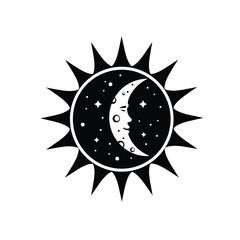 Celestial sun and moon design with stars a striking black silhouette
