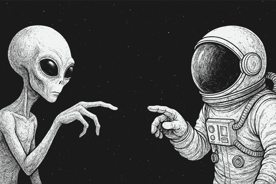 Black and white hand-drawn illustration of first contact between alien and astronaut, reaching hands toward each other in symbolic encounter of different civilizations