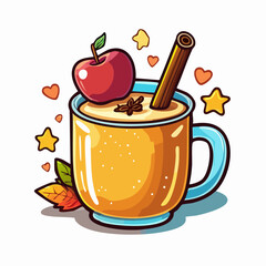 Apple Cider Holiday Drink Vector Illustration with Cinnamon Stick, Apples, and Cozy Autumn Decor