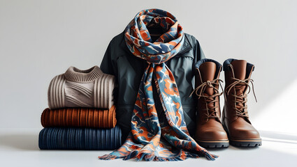Winter clothes with a combo pack on a white background