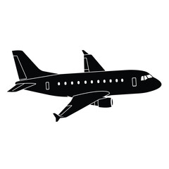 A black airplane in flight clearly defined against a white background silhouette