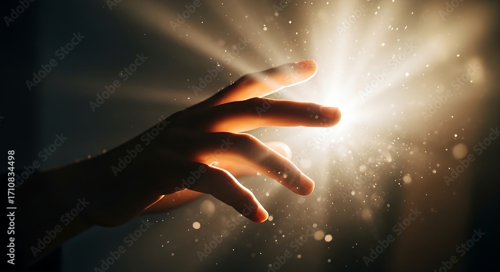 Poster a hand reaching out towards a bright light with particles floating in the air in a dark setting