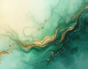 Abstract art image with fluid teal green and gold details. Liquid paint style with gold veins. Decorative art perfect for print design and background.