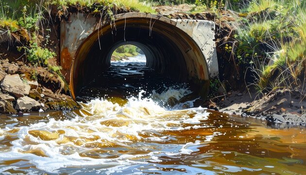 A view of a rustic concrete culvert discharging murky water into a stream.