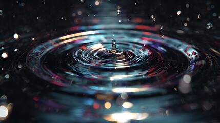 A captivating close up of a water droplet creating ripples, showcasing the beauty of fluid dynamics and the play of light and color