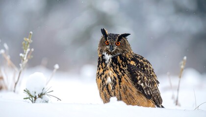 Majestic Eurasian eagle-owl, with striking plumage and intense orange eyes, positioned in a snowy winter landscape.