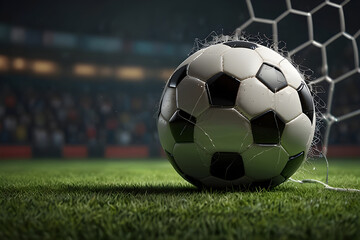 Obraz premium A soccer ball hits the net, surrounded by a stadium and green grass field