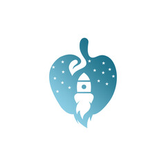 A stylized logo design featuring an apple with a rocket launching into space, symbolizing innovation and education.
