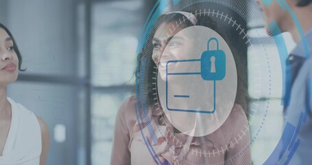 Digital card graphic appearing in finance meeting, woman grabbing badge and showing secure payment - Powered by Adobe