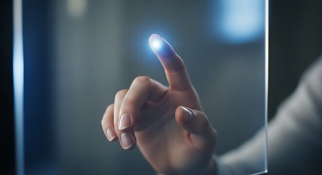 A hand touching a transparent screen with a glowing fingertip in a futuristic setting design