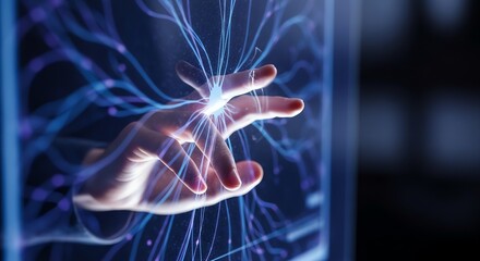 A hand interacting with glowing blue energy strands in a dark and futuristic environment setting