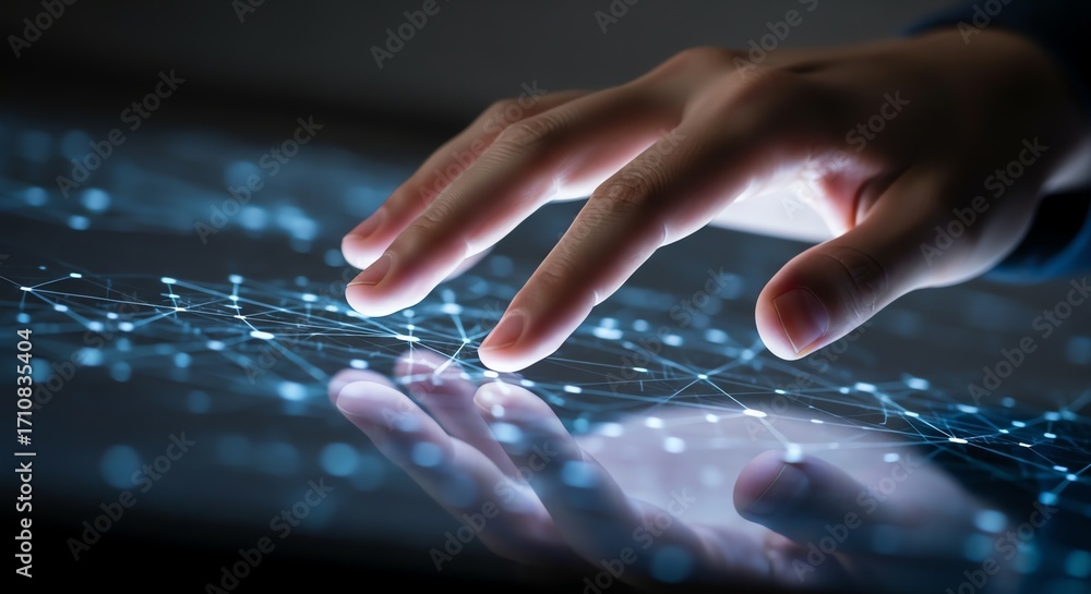 Poster hand touching illuminated network interface on a reflective dark surface with bright spots