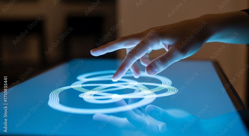 Poster Hand interacting with glowing blue touchscreen display showing circular patterns and reflections