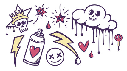 Graffiti Spray Paint Doodles Collection with Dripping Ink Effect and Urban Street Art Symbols Isolated on White Background