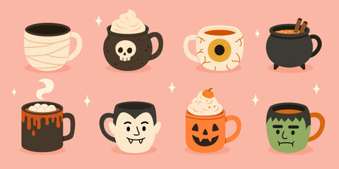 Halloween Mugs Featuring Mummy Dracula Cauldron with Potion Bloody Cups Pumpkin Frankenstein Jack o Lantern and Eye Designs for Spooky Autumn Celebrations
