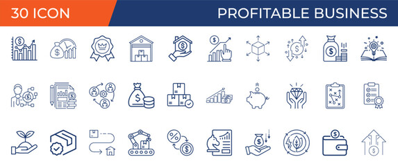 Minimalist Profitable Business line icons set with editable stroke, featuring strategy, revenue, competitive advance, margin, manufacturing. thin linear illustration. vector illustration eps file
