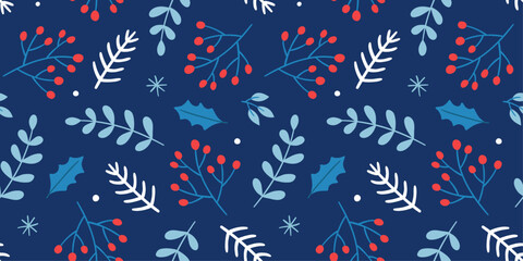 Seamless winter Christmas pattern with leaves, branches on a dark background.