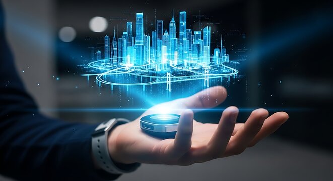 Holographic city projection above hand with smart watch on wrist in dark futuristic environment
