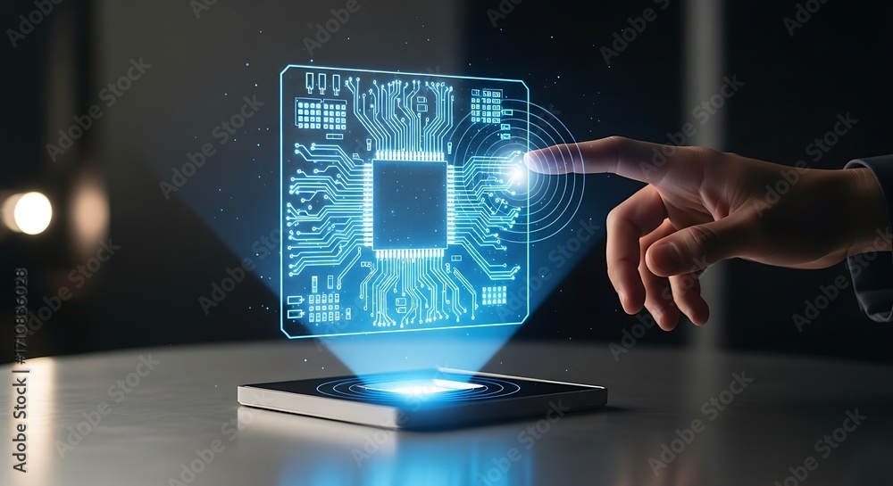 Poster hand interacting with holographic circuit board projection from a mobile device on a table