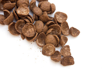 Chocolate corn flakes on a white background. Delicious nutritious Breakfast for the child