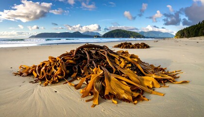 Golden kelp strands strewn across a pristine beach, bathed in the soft morning light, stretching towards a backdrop of lush green hills and a calm ocean.