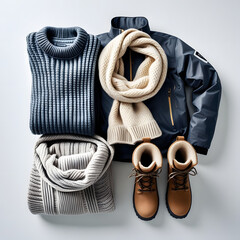 Winter clothes with a combo pack on a white background