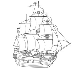 Detailed drawing of a vintage sailing ship with a dark silhouette