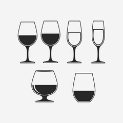  A set of wine glasses Vector Illustration focuses on simplicity, elegance, and ease of recognition. Vector Sign for Banner, Logos, Labels, and Icons.