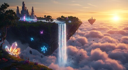 Floating Island with Waterfall and Glowing Crystals at Sunset in Fantasy Landscape