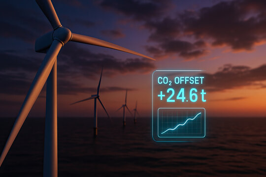 Wind turbine farm at sunset with CO2 offset digital display showing +24.6t and rising chart, renewable energy concept with ocean background and dramatic sky