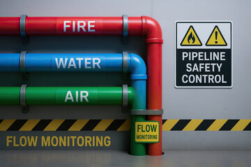 Red pipe labeled fire, blue pipe labeled water, green pipe labeled air with flow monitoring signage and safety warning on industrial wall, functional utility setup