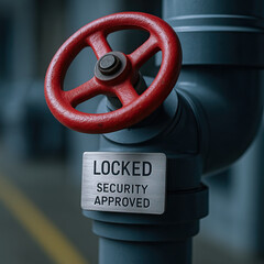 Locked red valve handle on industrial pipe with security tag conveying safety and restricted access in factory setting, moody lighting and shallow depth of field