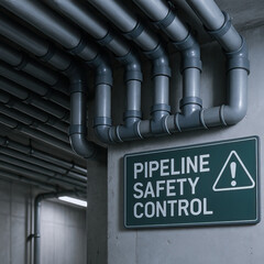 Pipeline safety control sign and industrial gray pipes overhead in utility corridor with warning atmosphere and maintenance access