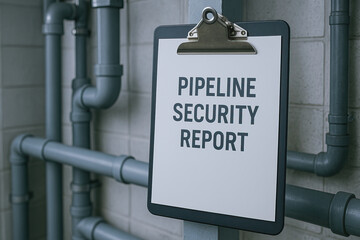 Pipeline security report clipboard on industrial pipe wall, inspection checklist and maintenance note with serious tone