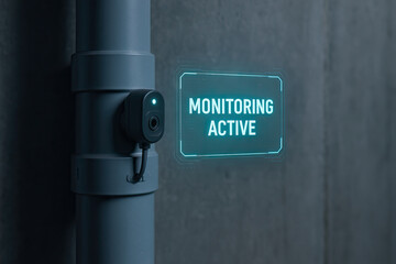 Monitoring active sensor camera on industrial pipe with glowing interface, security surveillance technology indicating live monitoring and alert status